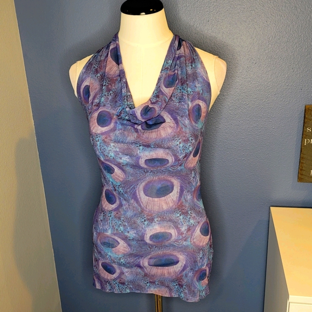Bebe Peacock Print Clowl Neck Tank